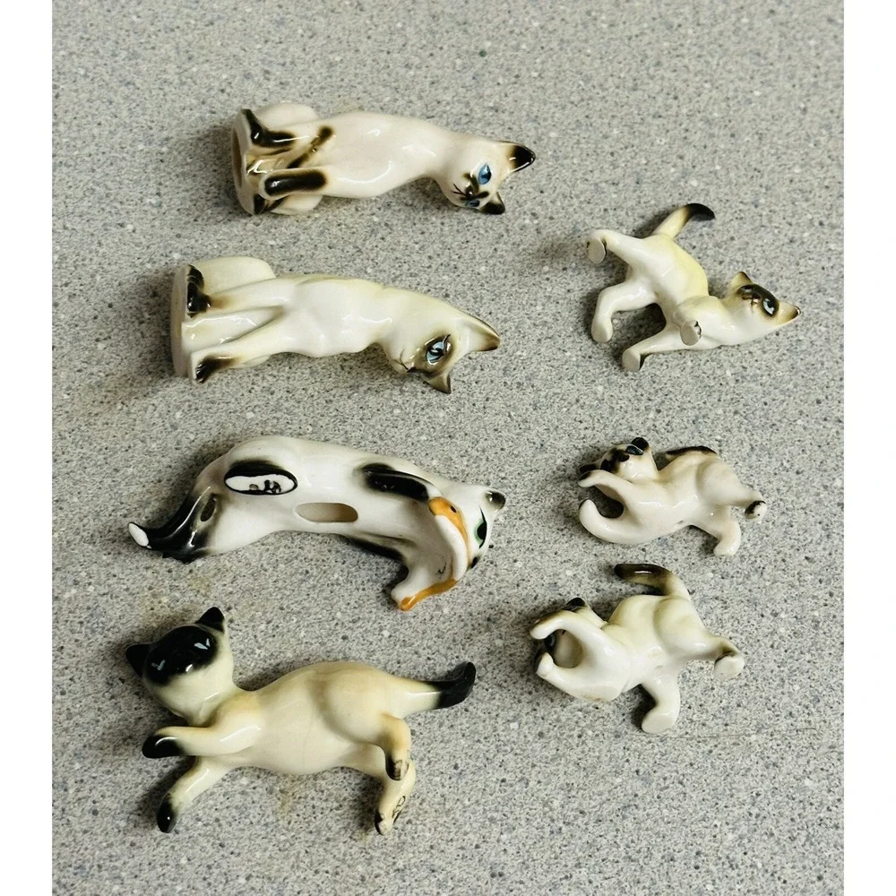 Vintage Hagen-Renaker Siamese Cat Figurines Family Kittens Set of 7